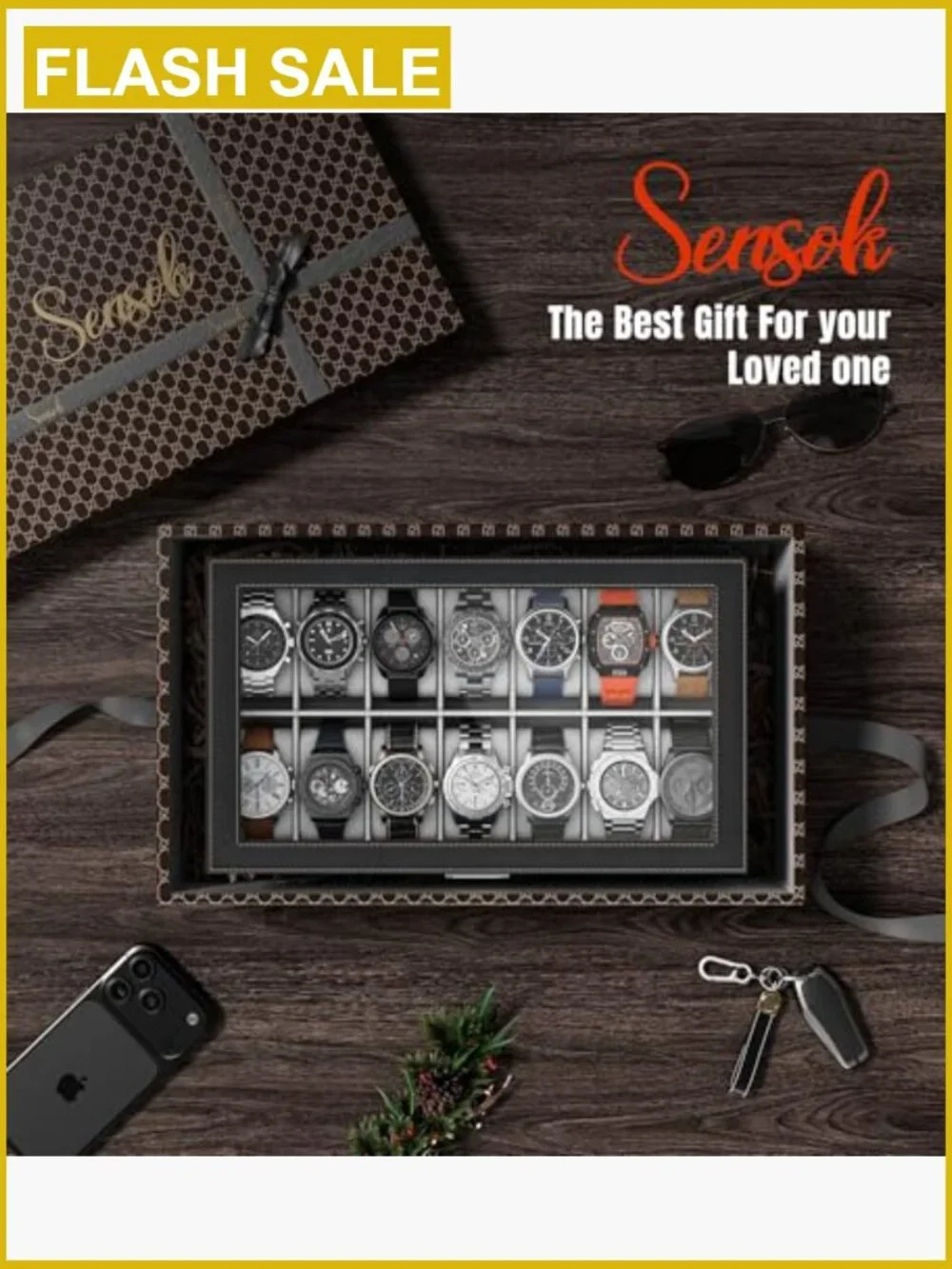 14-Slot Watch Display Case with Glass Lid, Double Layer PU Leather Storage,